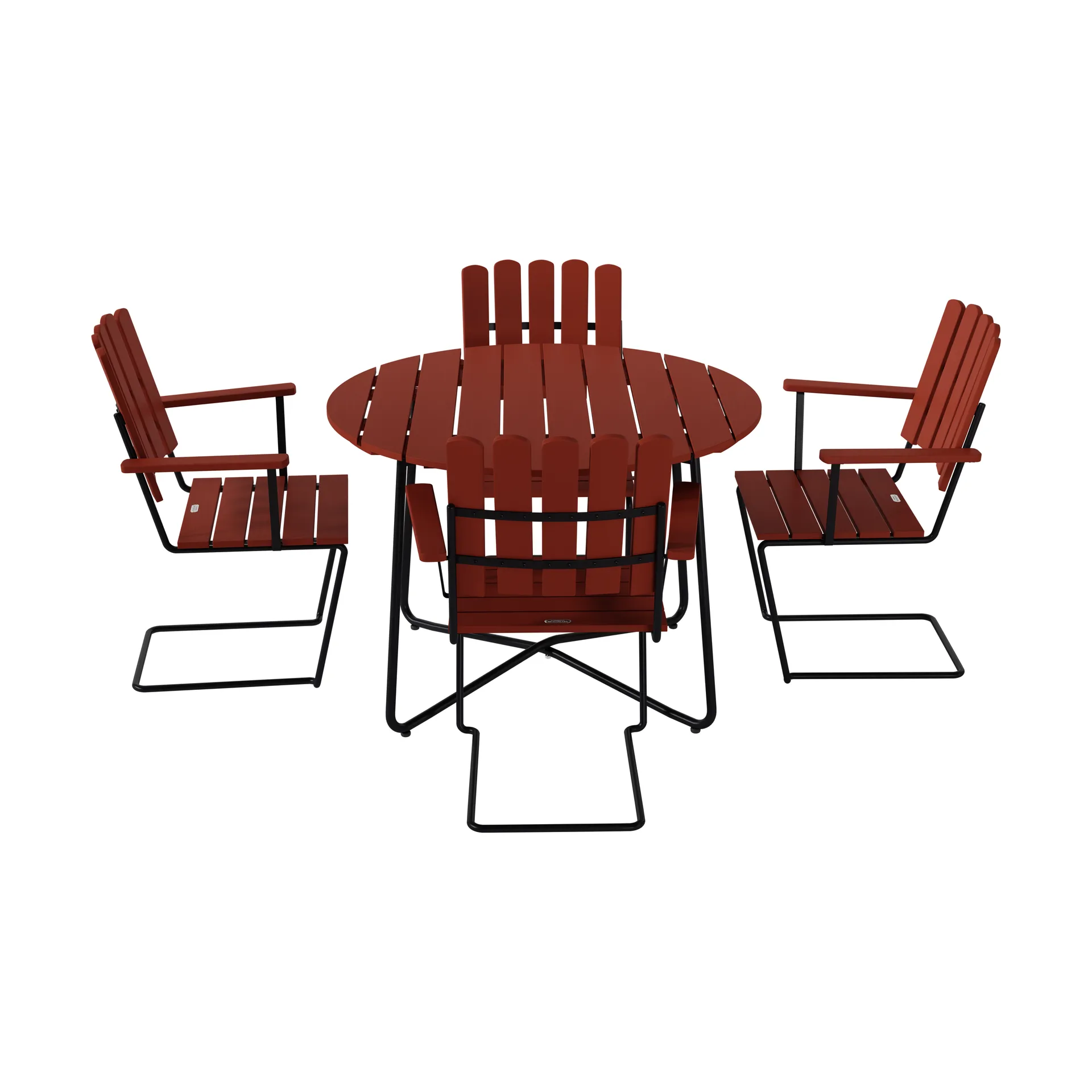 Table à manger 9A Ø100 cm + 4 fauteuils A2 chêne rouge foncé-stativ noir,  Grythyttan Stålmöbler