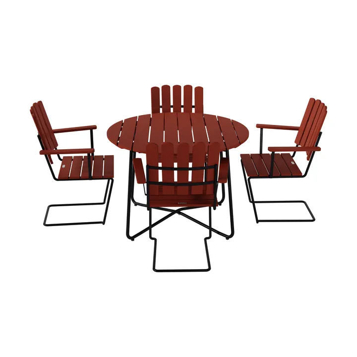 Table à manger 9A Ø100 cm + 4 fauteuils A2 chêne rouge foncé-stativ noir - Grythyttan Stålmöbler