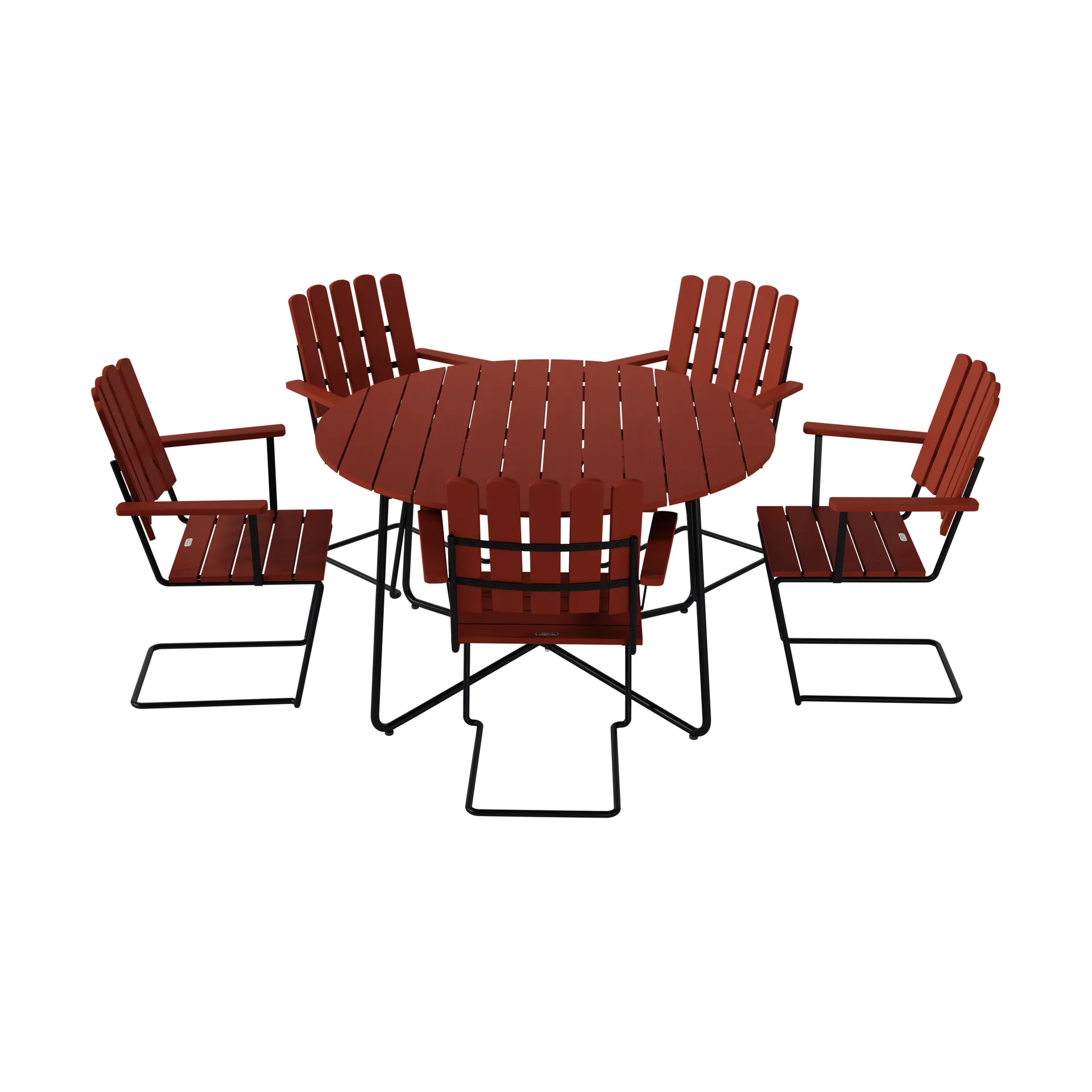 Table à manger 9A Ø120 cm + 5 fauteuils A2 chêne rouge foncé-stativ noir Grythyttan Stålmöbler