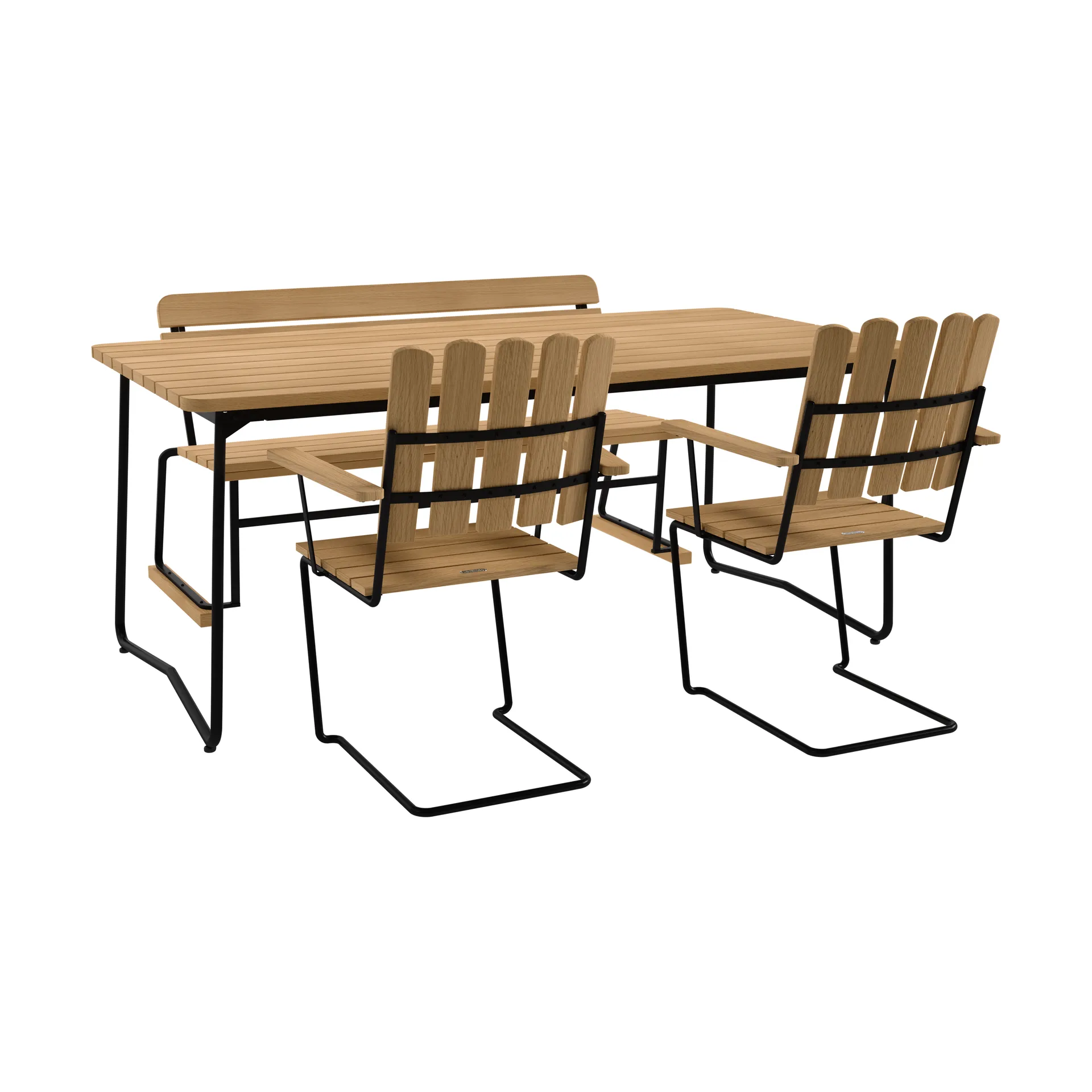 Table B31 170 cm + 2 fauteuils A2 + canapé 3 chêne huilé-stativ noir,  Grythyttan Stålmöbler