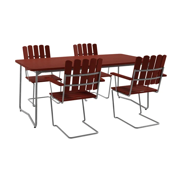 Table B31 170 cm + 4 fauteuils A2 rouge foncé-stativ galvanisé à chaud - Grythyttan Stålmöbler