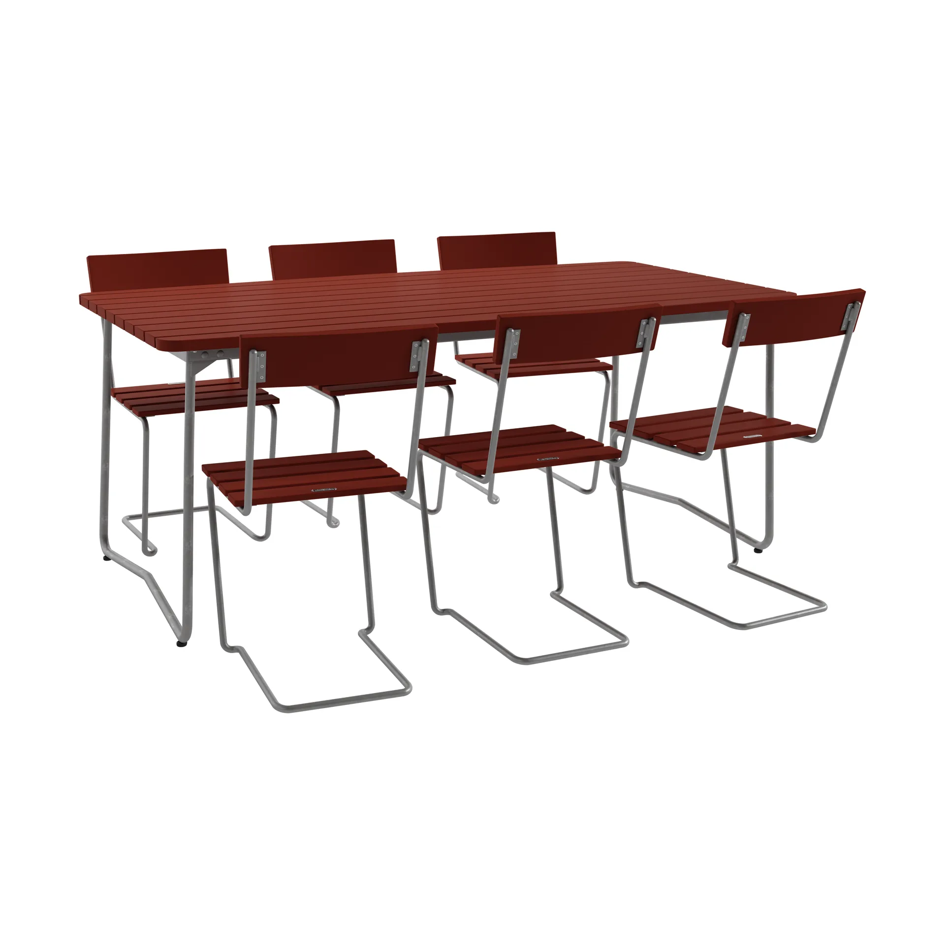 Table B31 170 cm + 6 chaises 1 rouge foncé-stativ galvanisé à chaud,  Grythyttan Stålmöbler