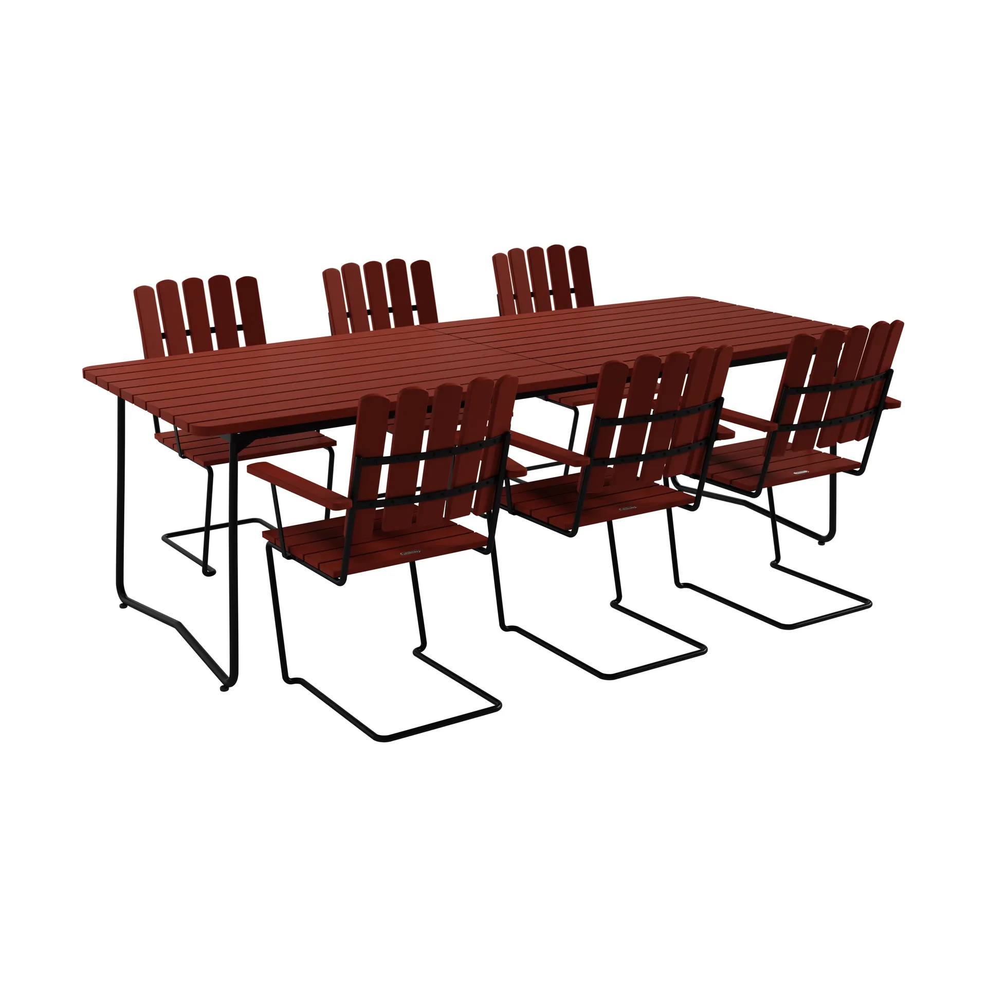 Table B31 230 cm + 6 fauteuils A2 chêne rouge foncé-stativ noir Grythyttan Stålmöbler