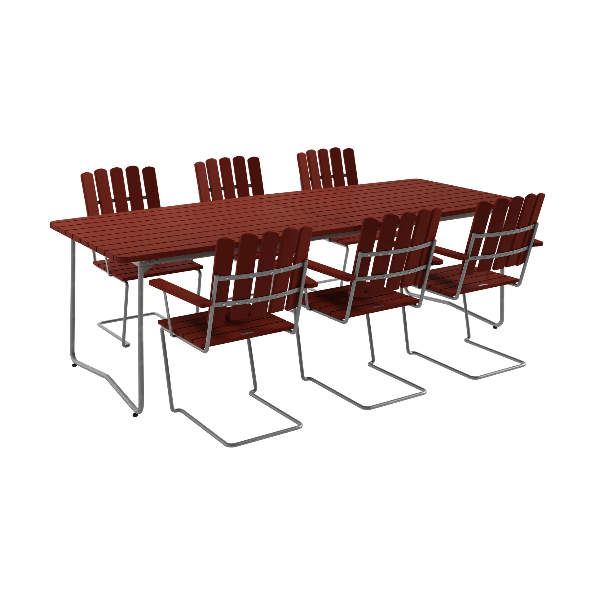 Table B31 230 cm + 6 fauteuils A2 rouge foncé-stativ galvanisé à chaud,  Grythyttan Stålmöbler