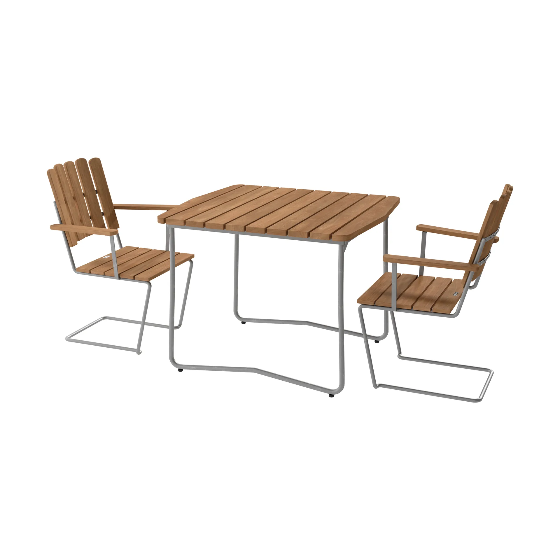 Table B31 92 cm + 2 fauteuils A2 teck-stativ galvanisé à chaud,  Grythyttan Stålmöbler