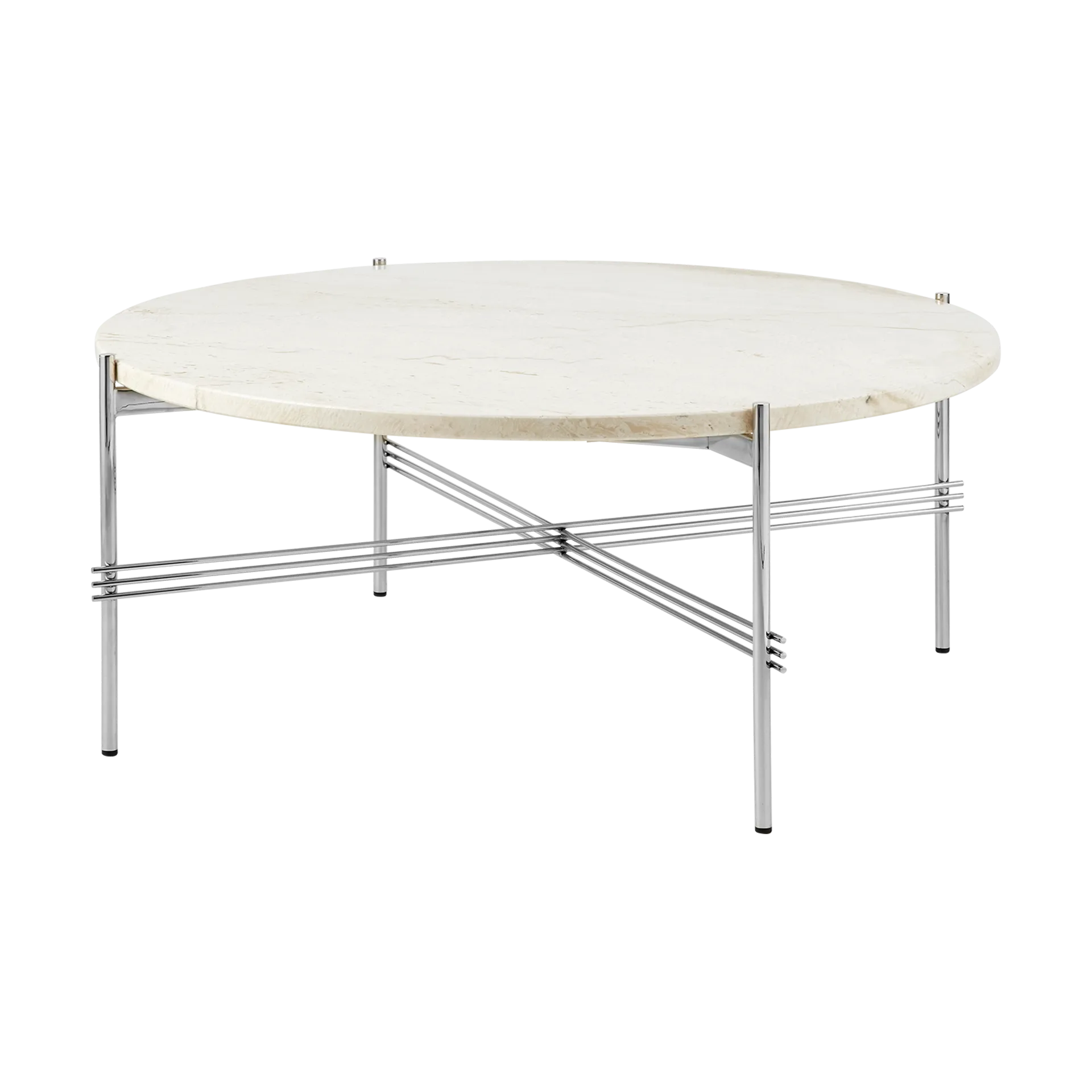 Table basse en acier poli TS Ø80, Neutral white travertine GUBI