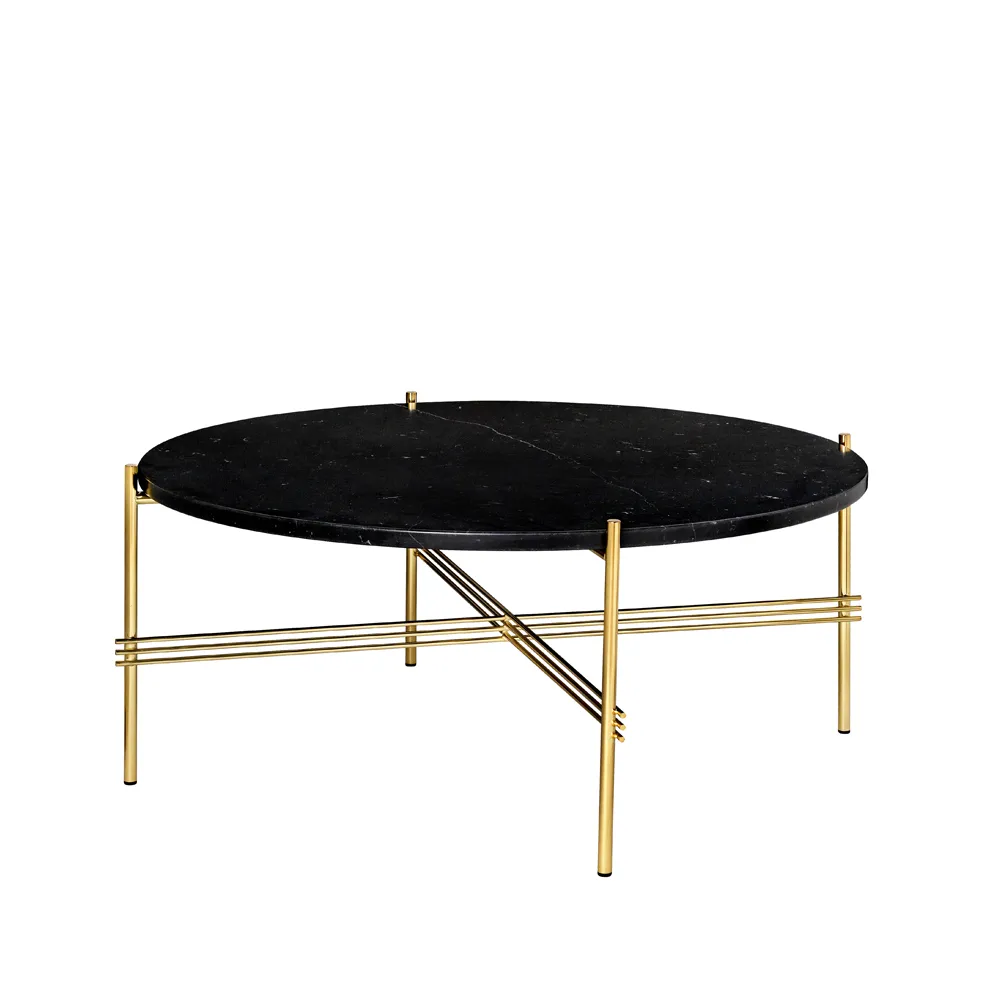 Table basse TS Round, black marquina marble, ø80, structure en laiton GUBI