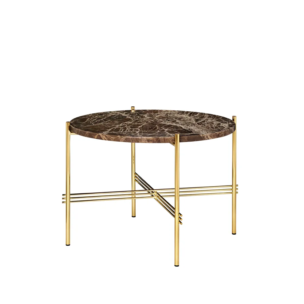 Table basse TS Round, brown emperador marble, ø55, structure en laiton GUBI