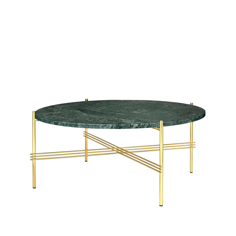 Table basse TS Round, green guatemala marble, ø80, structure en laiton GUBI