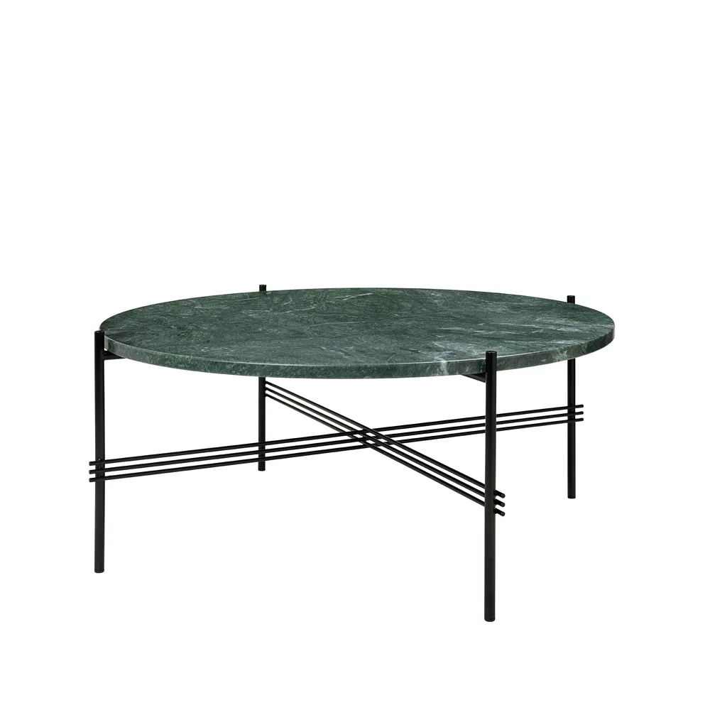 Table basse TS Round, green guatemala marble, ø80, structure noire GUBI