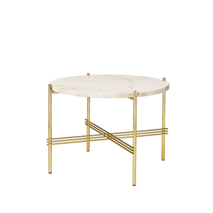 Table basse TS Round - natural white travertine, ø55, structure en laiton - GUBI