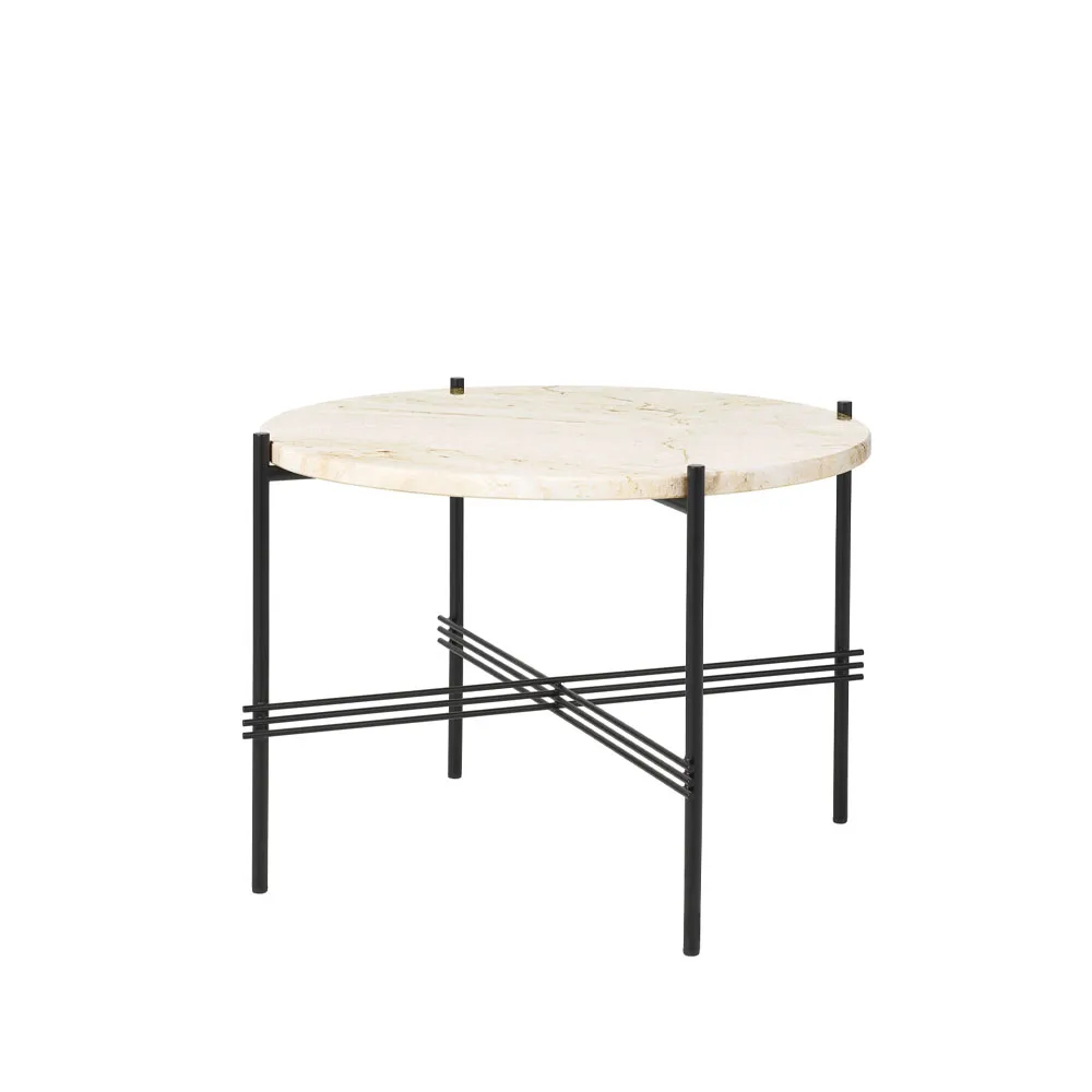 Table basse TS Round, natural white travertine, ø55, structure noire GUBI