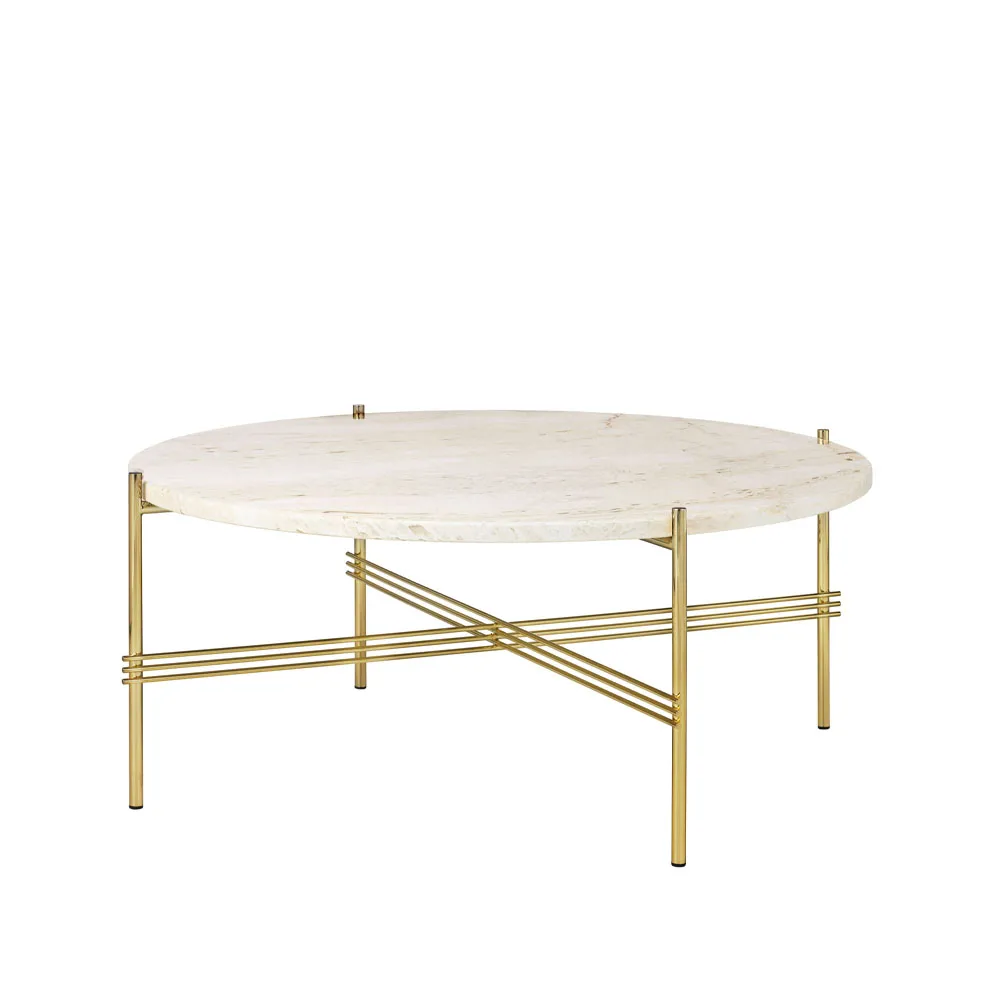 Table basse TS Round, natural white travertine, ø80, structure en laiton GUBI