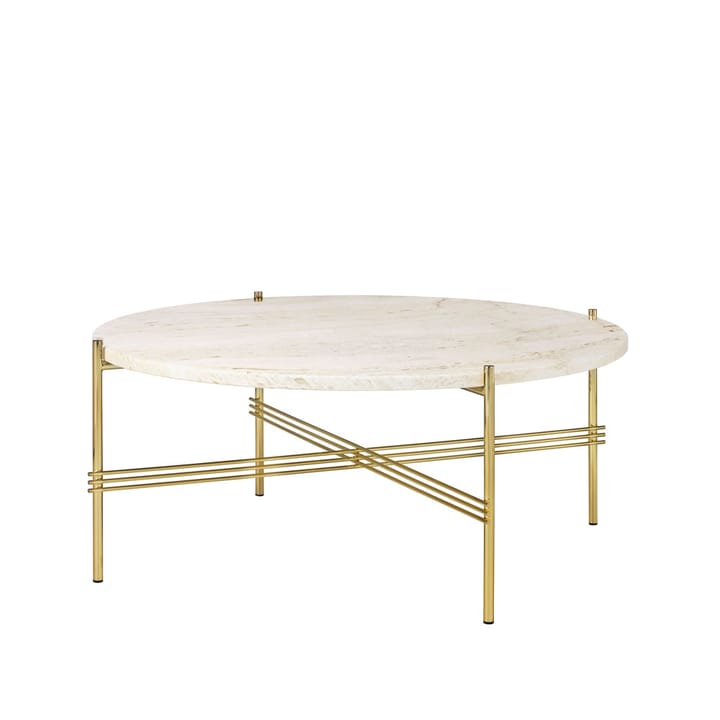 Table basse TS Round - natural white travertine, ø80, structure en laiton - GUBI