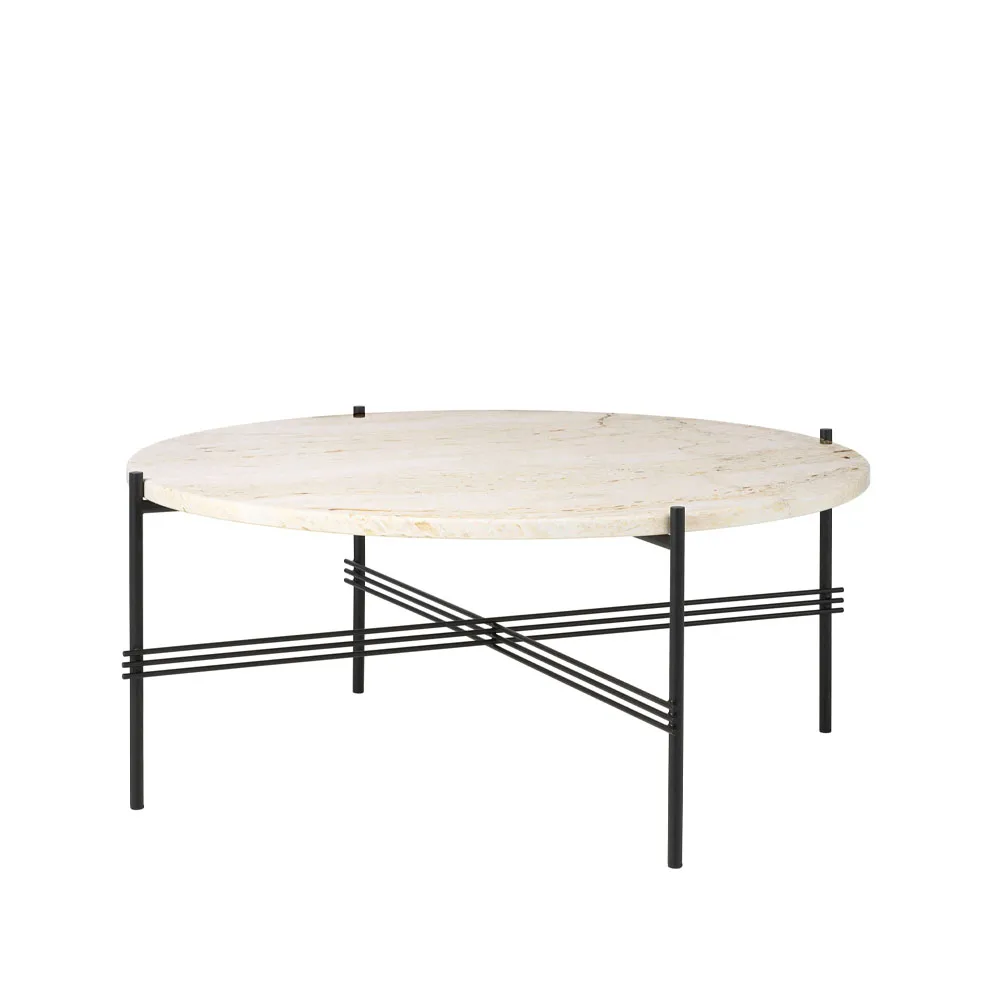 Table basse TS Round, natural white travertine, ø80, structure noire GUBI