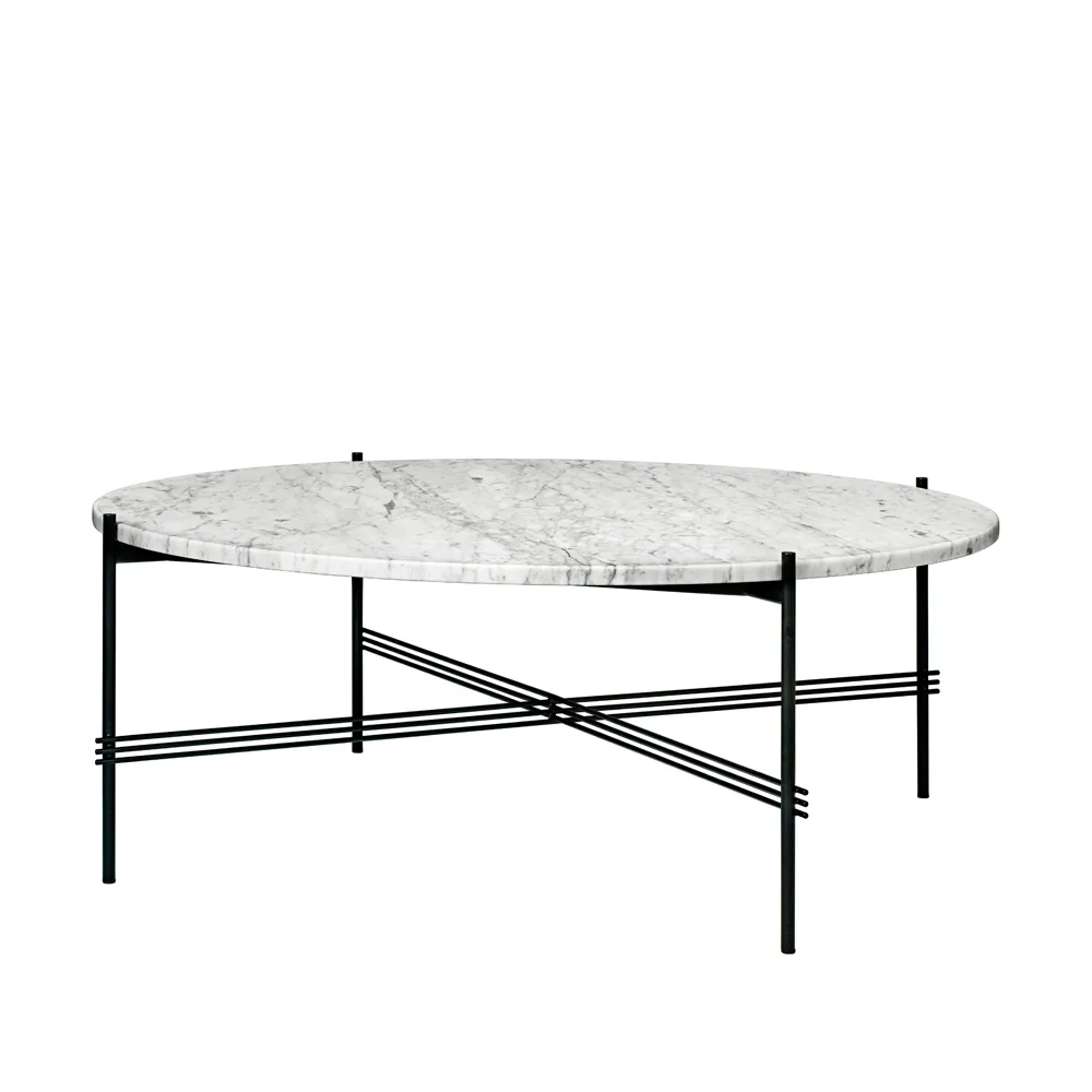 Table basse TS Round, white carrara marble, ø105, structure noire GUBI