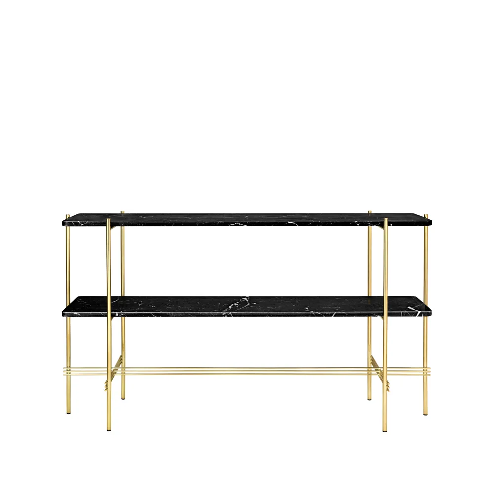 Table d’appoint TS Console 120x30x72 cm, black marquina marble, structure en laiton, 2 étagères en marbre GUBI