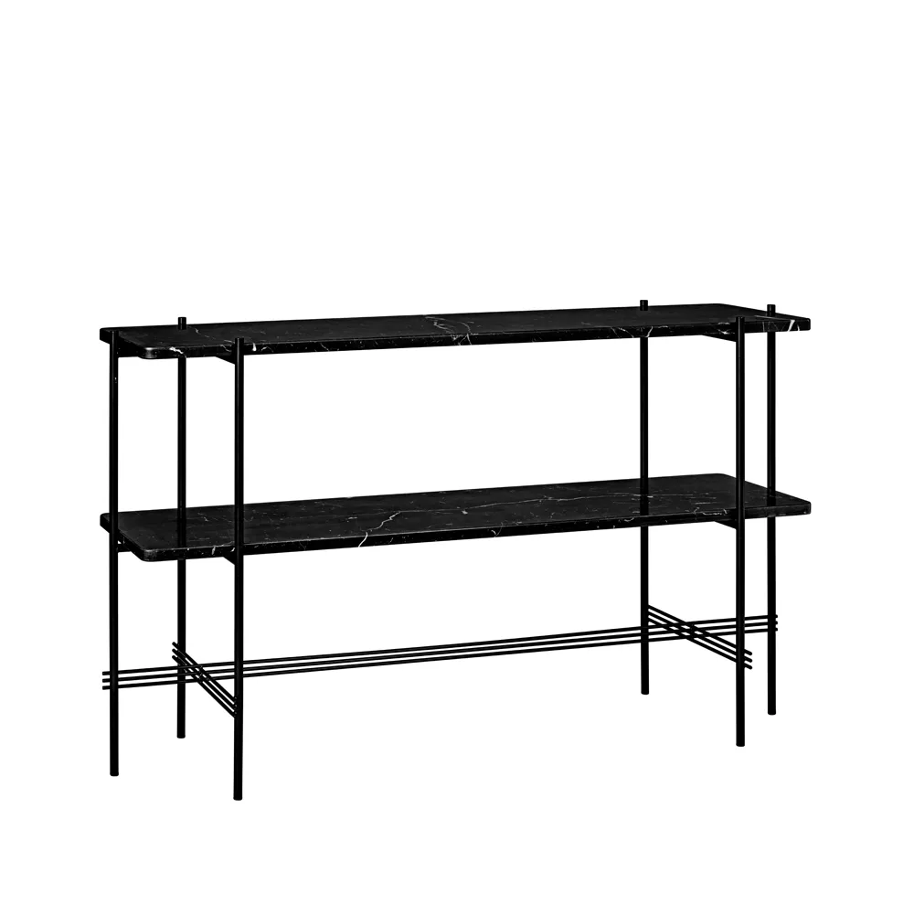 Table d’appoint TS Console 120x30x72 cm, black marquina marble, structure noire, 2 étagères en marbre GUBI