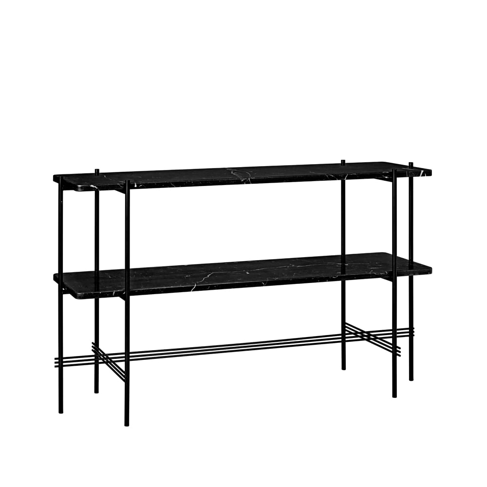 GUBI Table d’appoint TS Console 120x30x72 cm black marquina marble, structure noire, 2 étagères en marbre