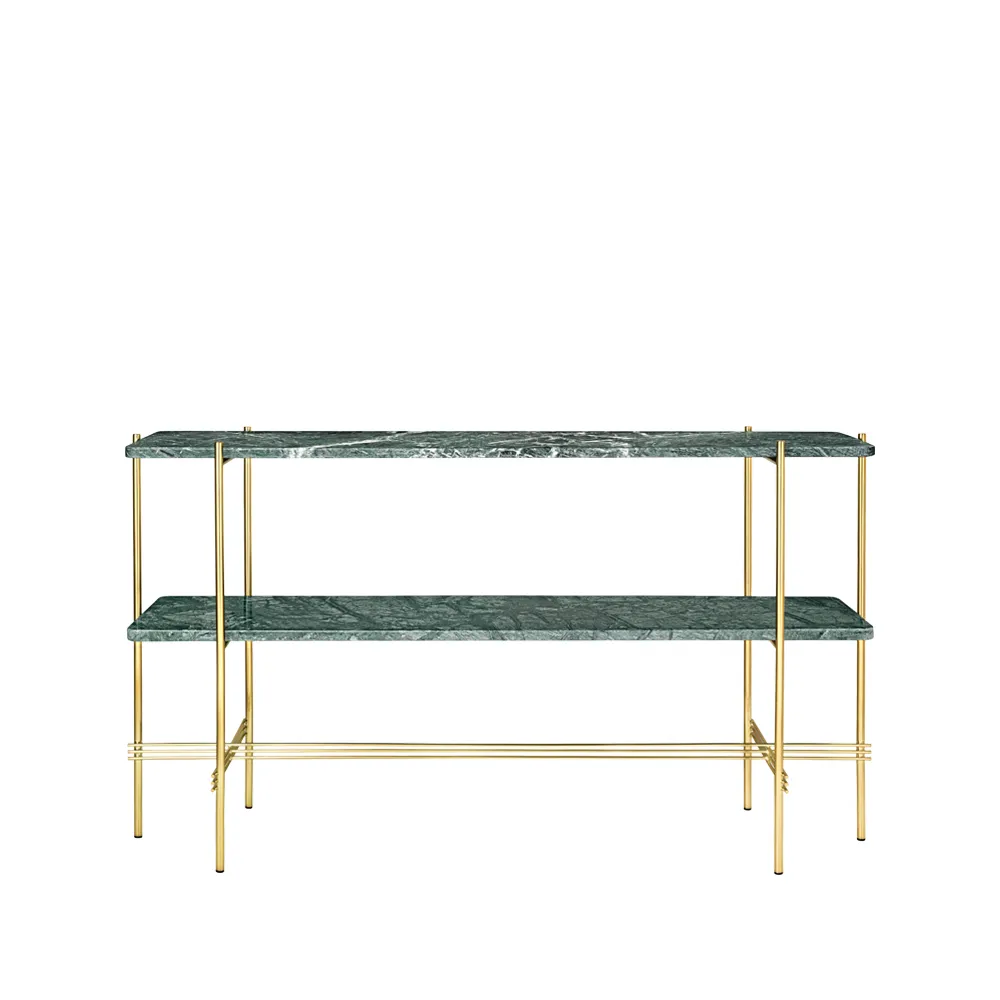 Table d’appoint TS Console 120x30x72 cm, green guatemala marble, structure en laiton, 2 étagères en marbre GUBI