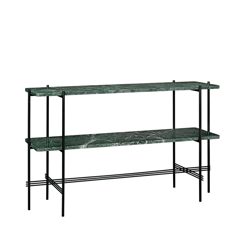 Table d’appoint TS Console 120x30x72 cm, green guatemala marble, structure noire, 2 étagères en marbre GUBI