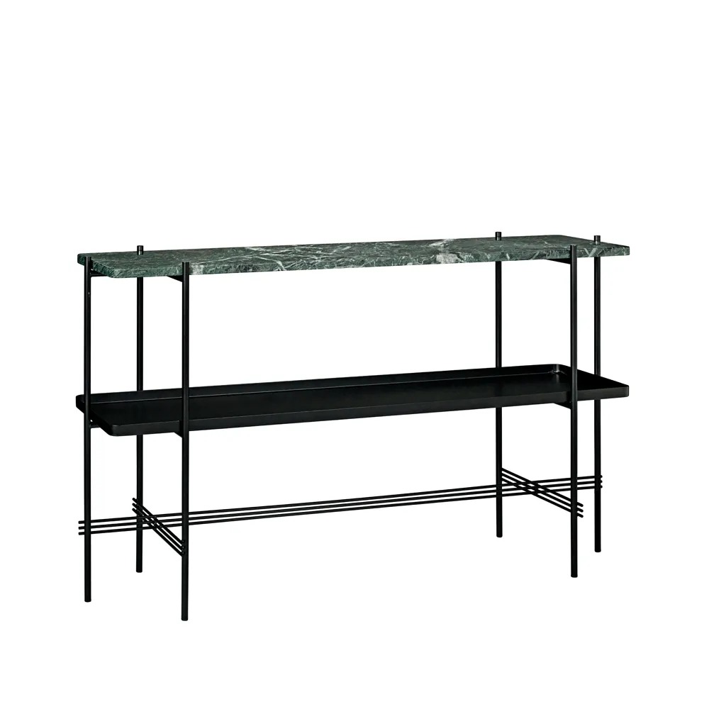 Table d’appoint TS Console 120x30x72 cm, green guatemala marble, structure noire, avec plateau GUBI