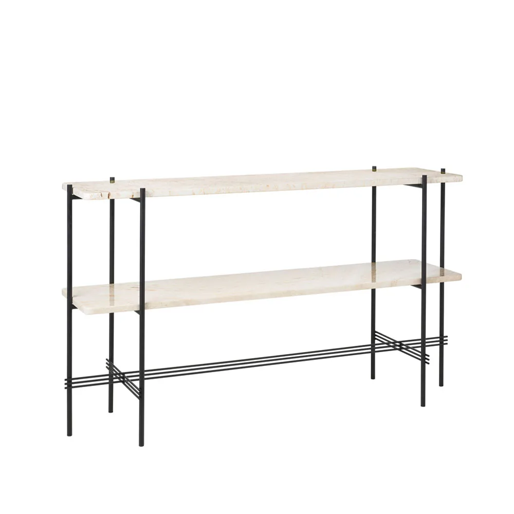 Table d’appoint TS Console 120x30x72 cm, natural white travertine, structure noire, 2 étagères en marbre GUBI