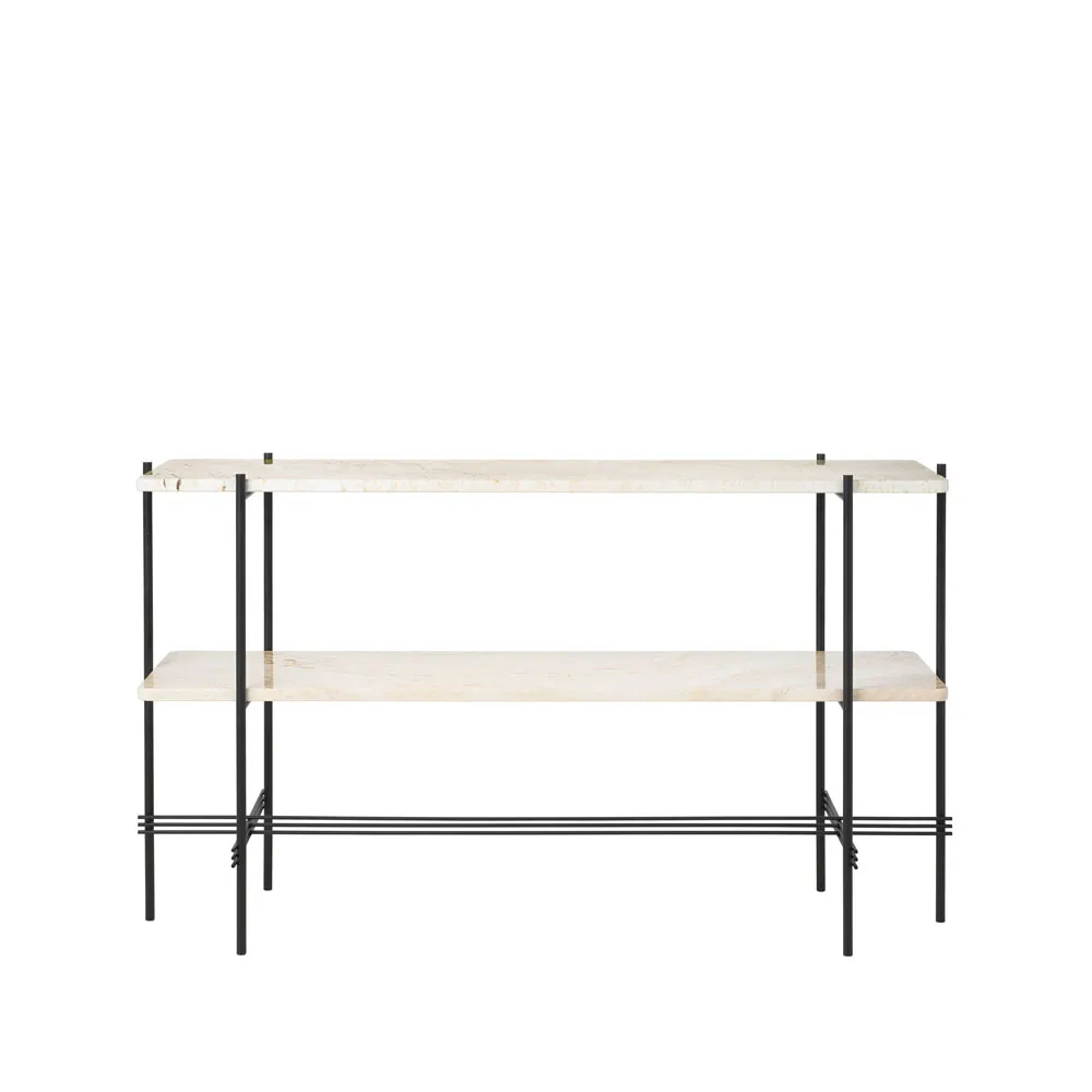 Table d’appoint TS Console 120x30x72 cm, natural white travertine, structure noire, 2 étagères en marbre GUBI