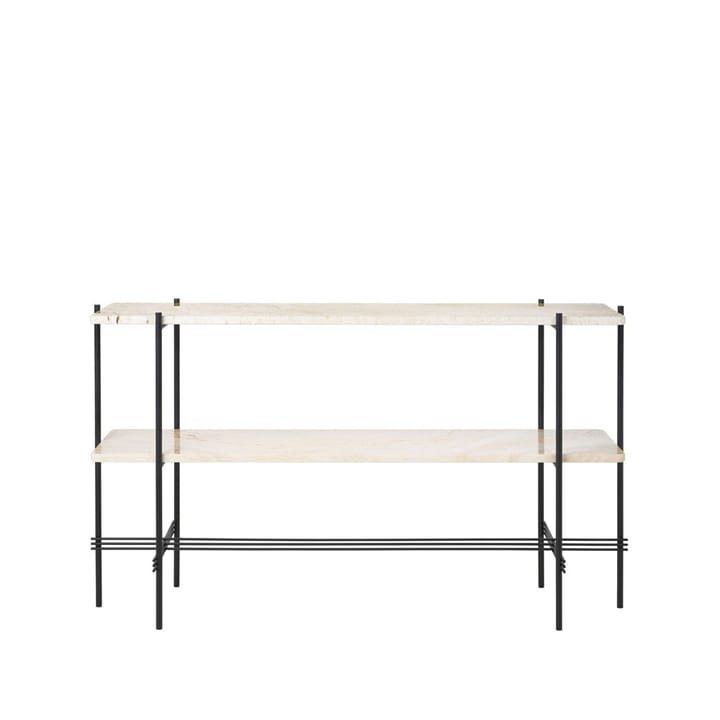 Table d’appoint TS Console 120x30x72 cm - natural white travertine, structure noire, 2 étagères en marbre - GUBI