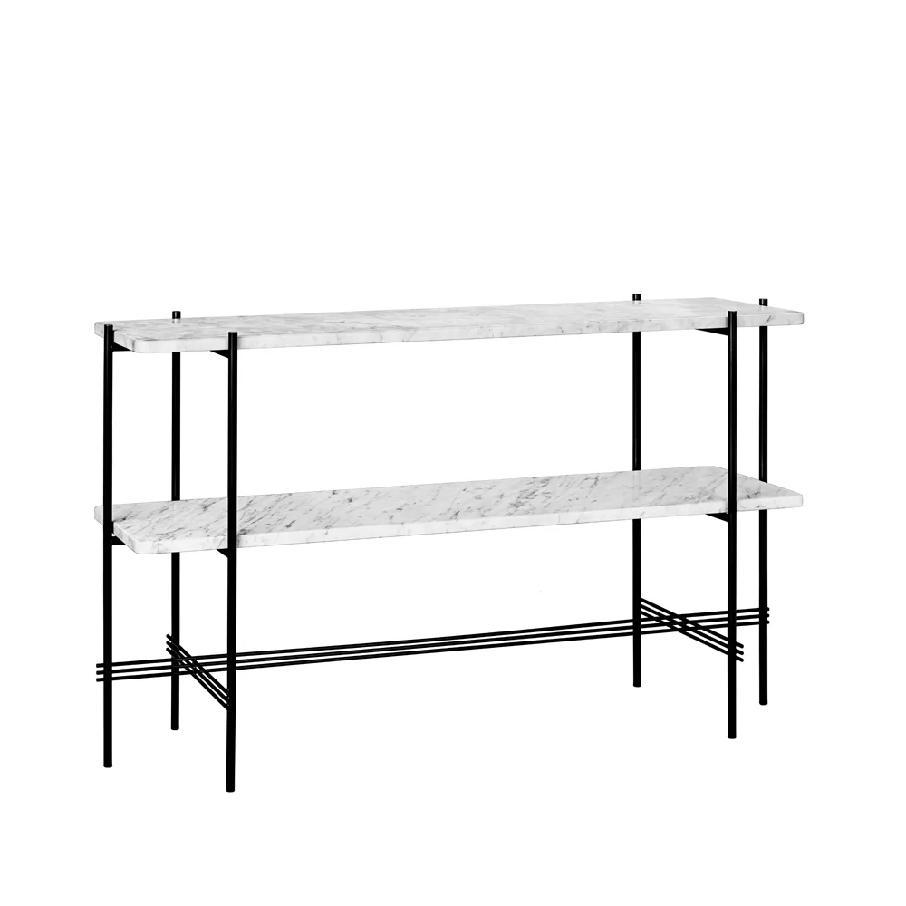 Table d’appoint TS Console 120x30x72 cm, white carrara marble, structure noire, 2 étagères en marbre GUBI