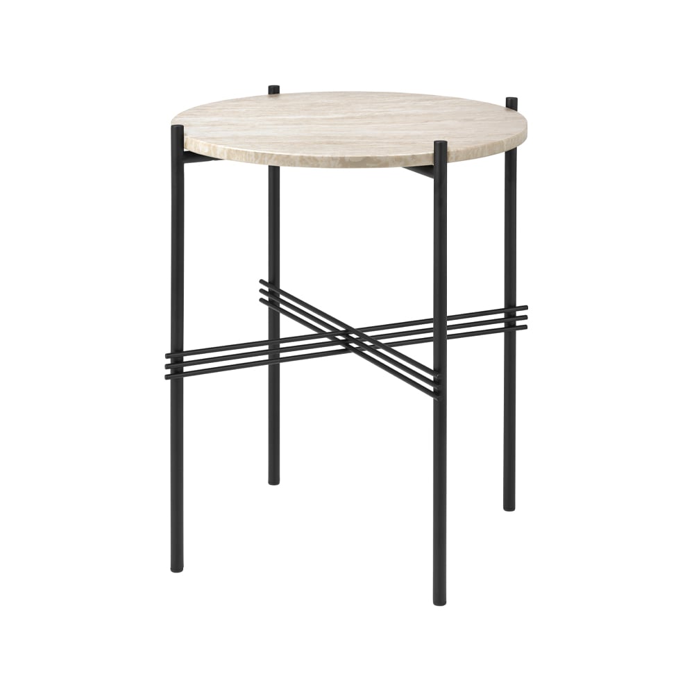 GUBI Table d'appoint TS Outdoor Natural white, support noir, travertin