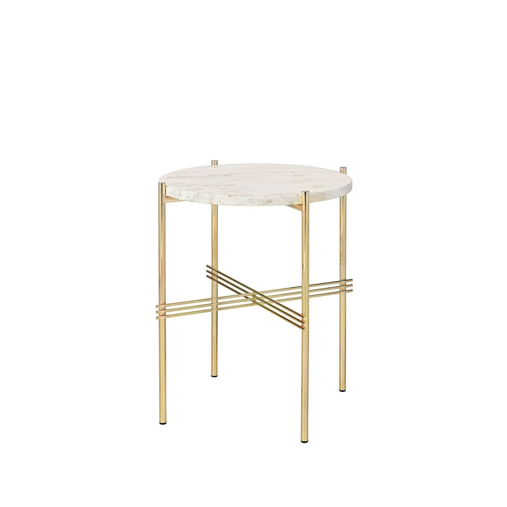 Table d'appoint TS Round, natural white travertine, ø40, structure en laiton GUBI