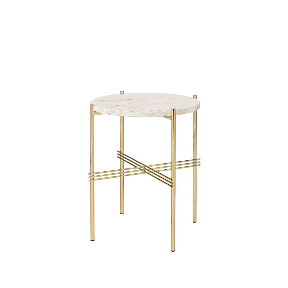 GUBI Table d'appoint TS Round natural white travertine, ø40, structure en laiton