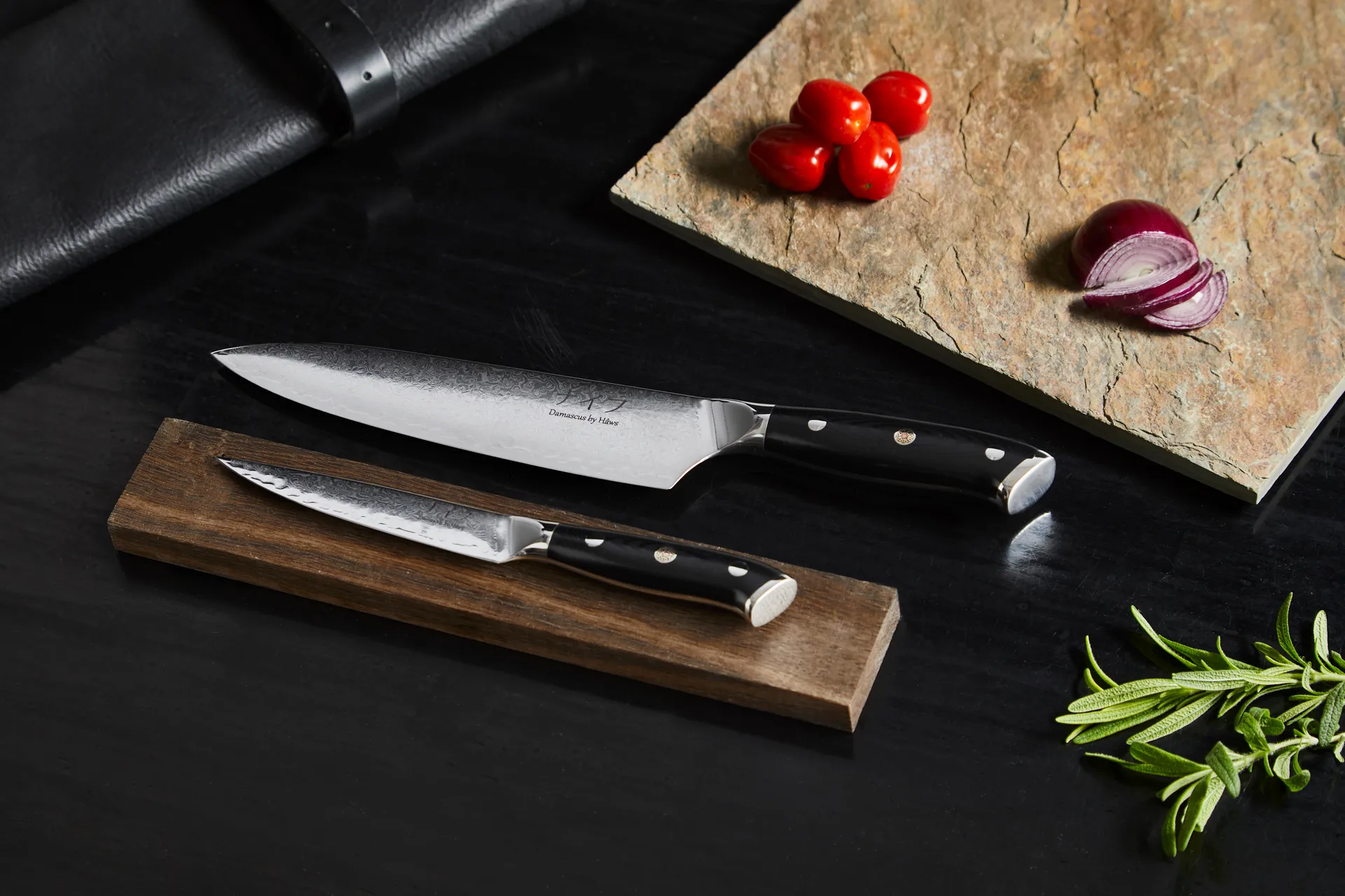 Ensemble de couteaux de chef et universel Damascus By Hâws 2 pièces, Noir-acier inoxydable Hâws