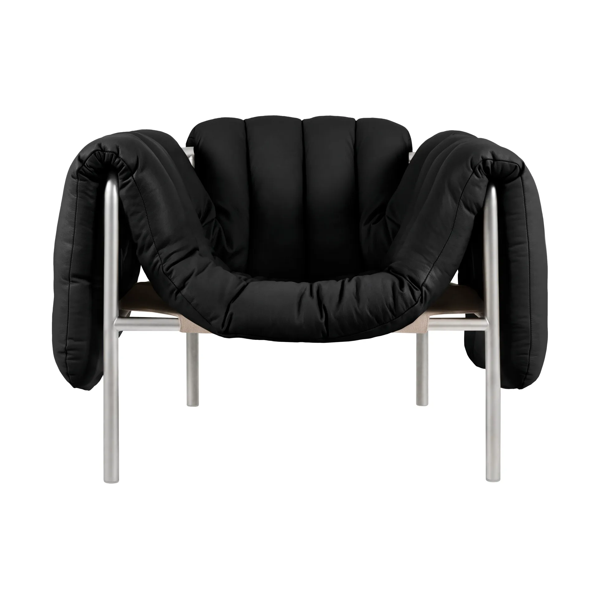 Fauteuil lounge Puffy, Black leather-acier inoxydable Hem