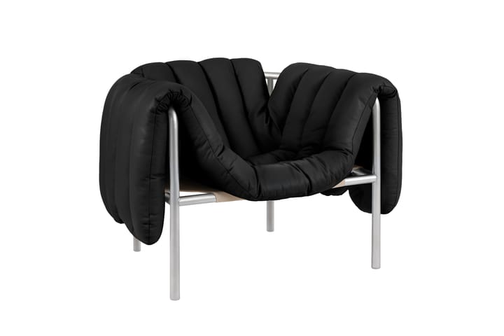 Fauteuil lounge Puffy, Black leather-acier inoxydable Hem