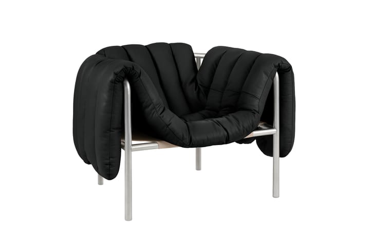 Fauteuil lounge Puffy, Black leather-acier inoxydable Hem