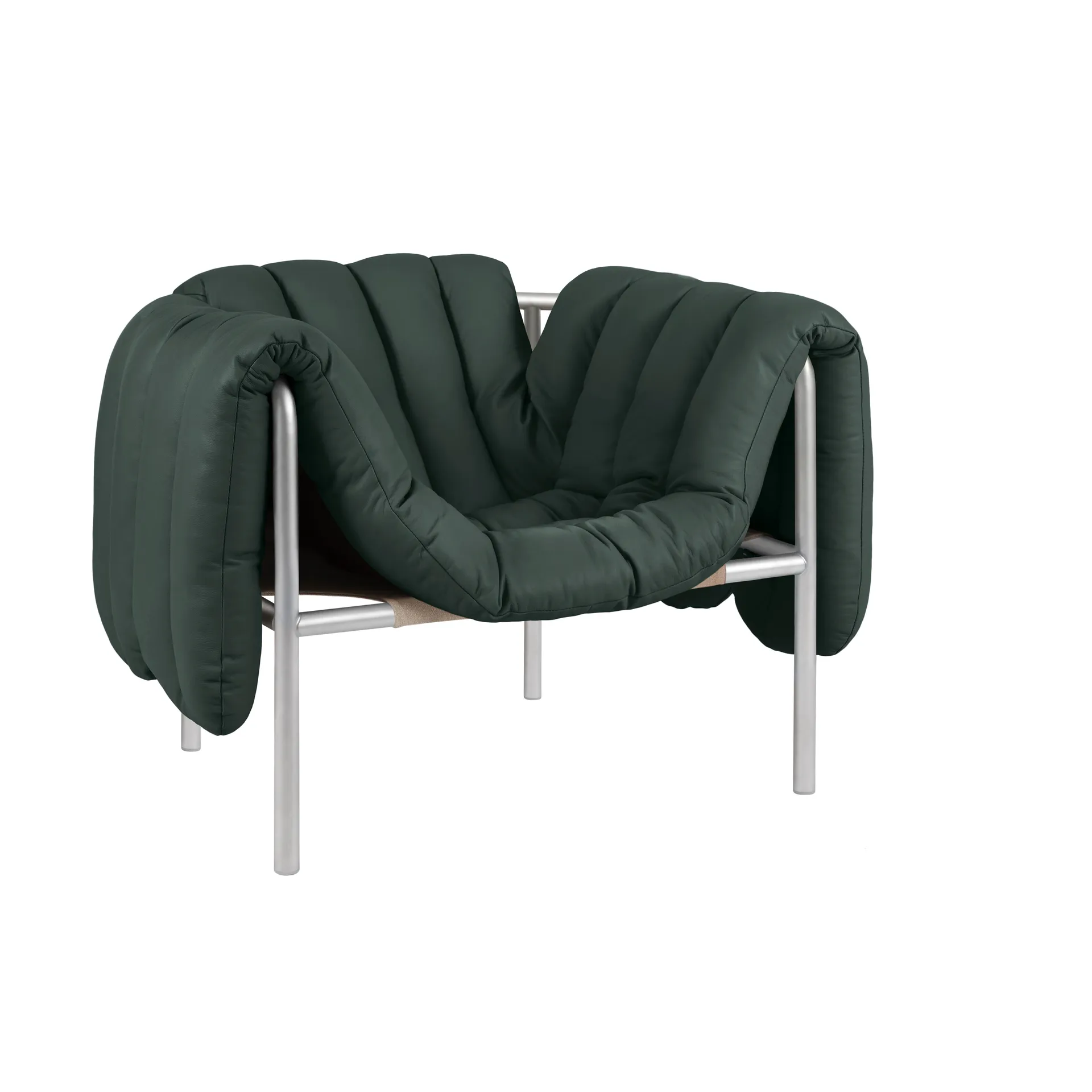 Fauteuil lounge Puffy, Dark green leather-acier inoxydable Hem