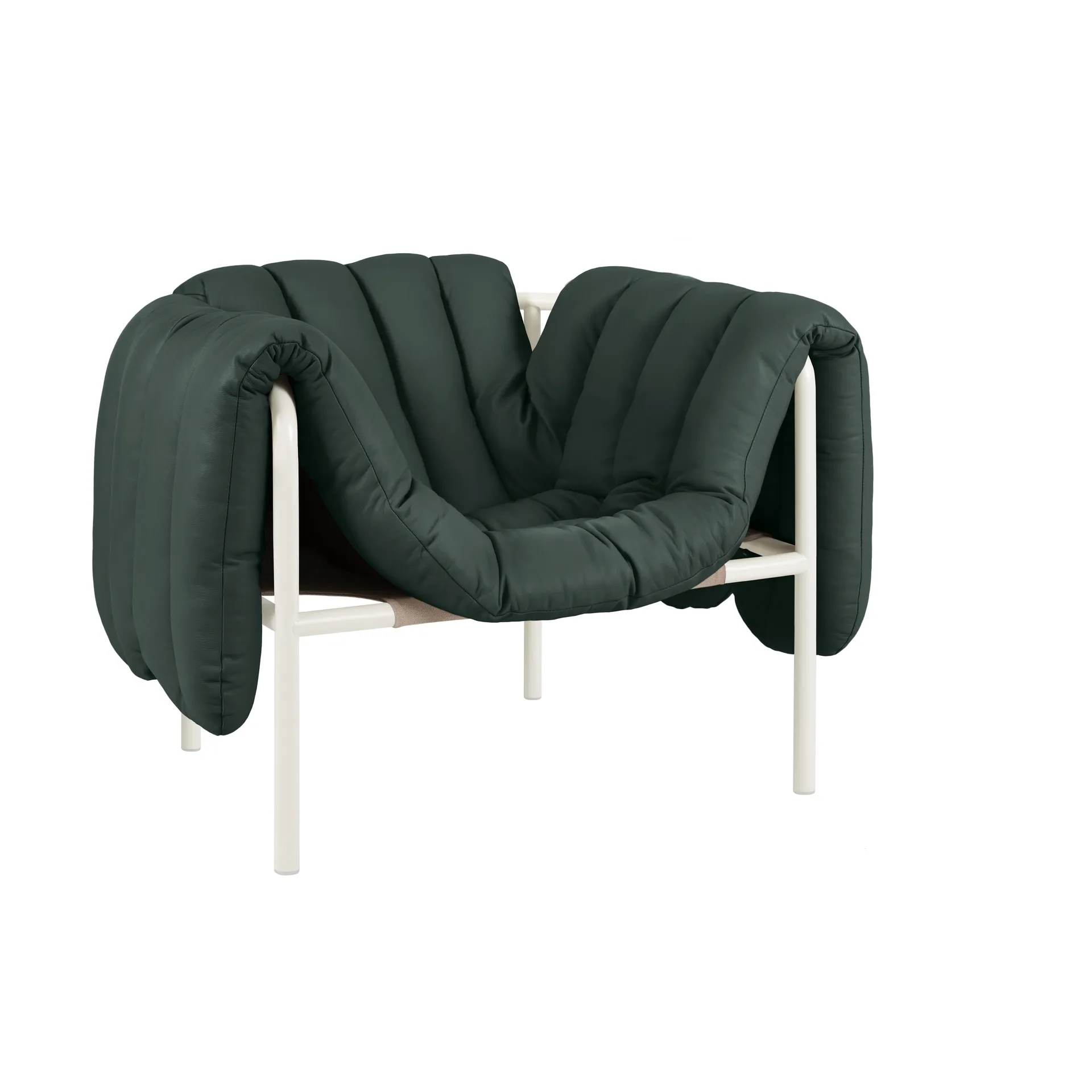 Fauteuil lounge Puffy, Dark green leather-cream Hem
