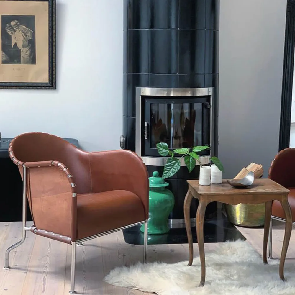 Fauteuil Bruno, Cuir pleine fleur naturel-piètement laiton Källemo