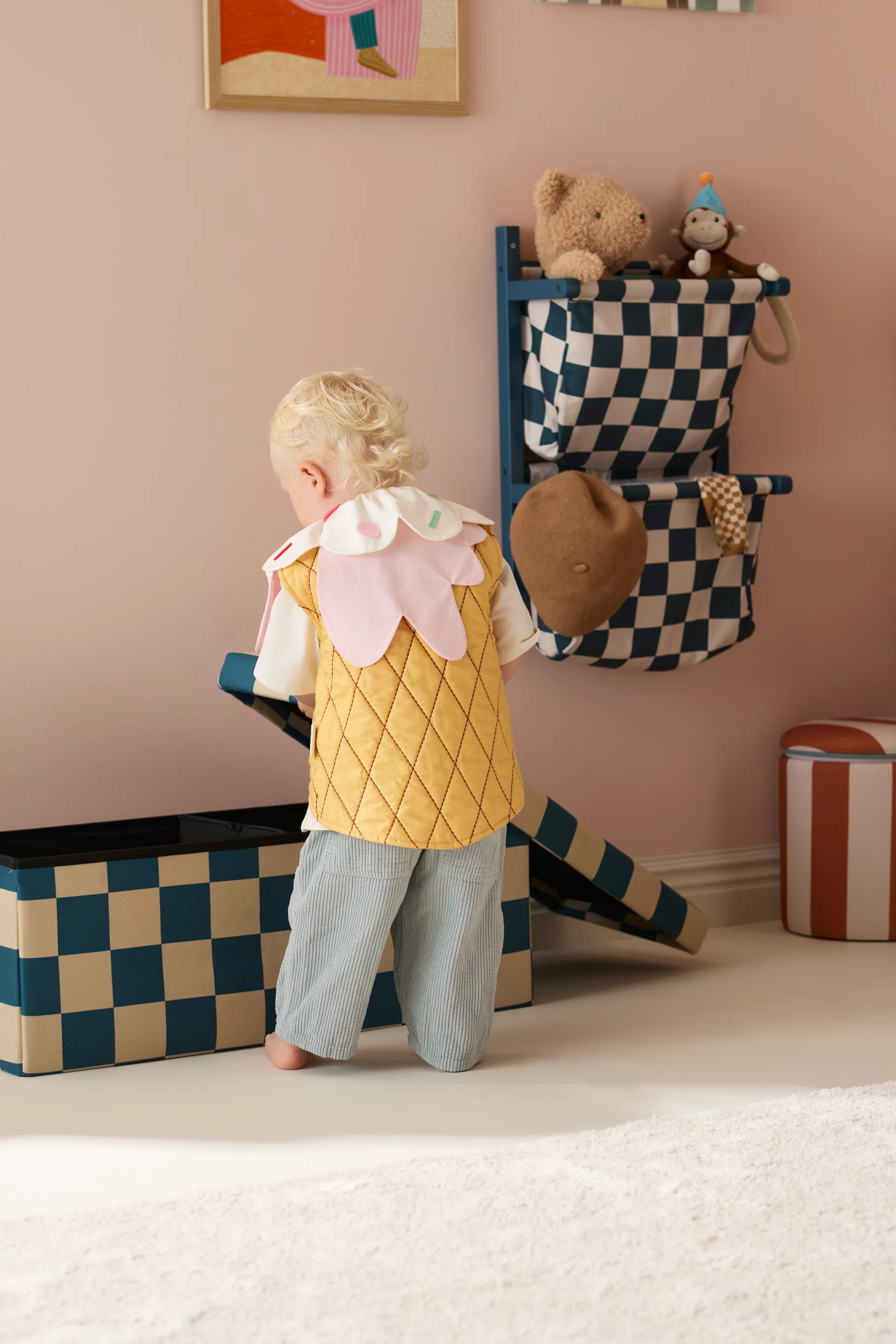 Pouf avec rangement à carreaux, Bleu-vert, 80x30x30 cm Kid's Concept