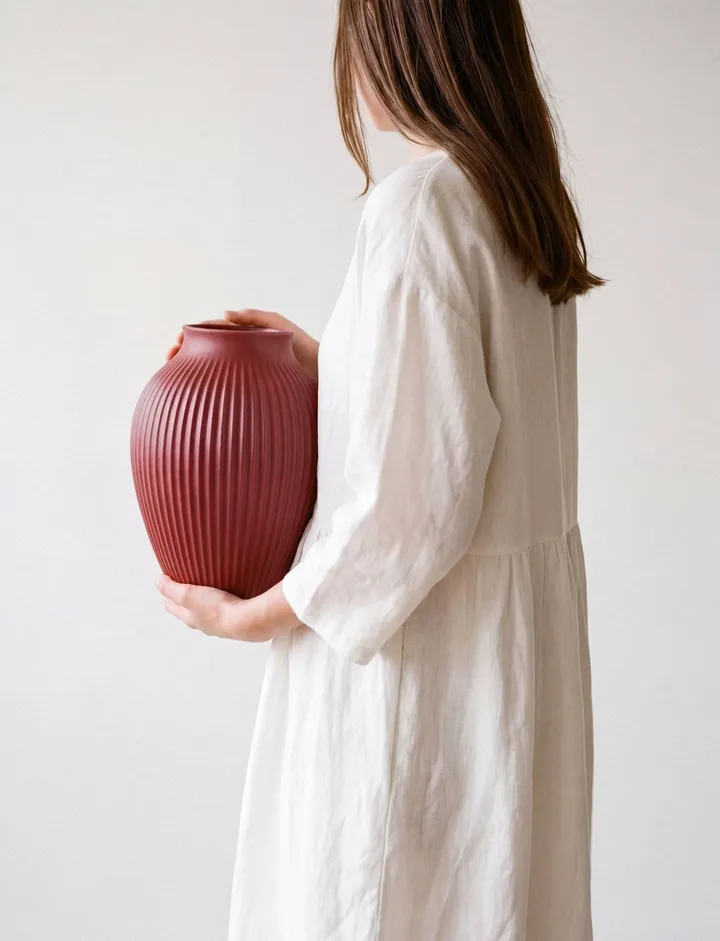 Vase strié Knabstrup 27 cm - rouge cerise doux - Knabstrup Keramik