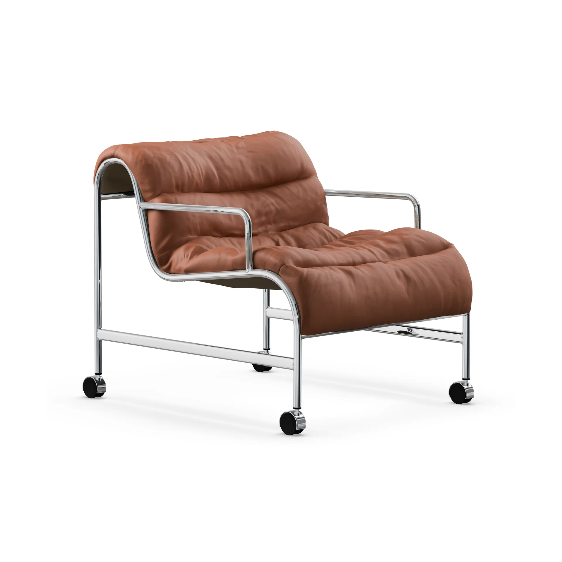 Fauteuil Sunny avec accoudoirs, Cuir Cognac - base en chrome avec roues Lammhults