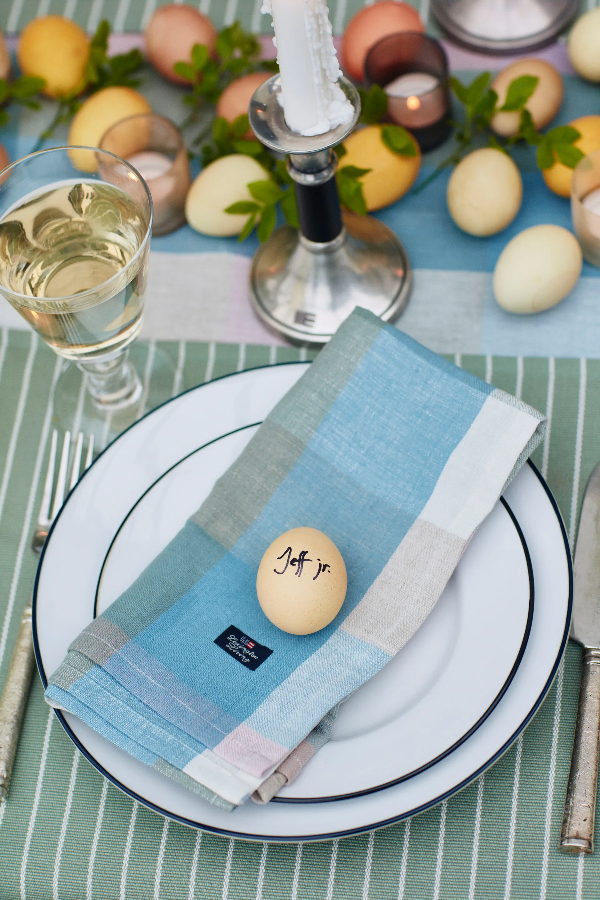 Chemin de table Striped Organic Cotton Rips 50x250 cm, Green-white Lexington