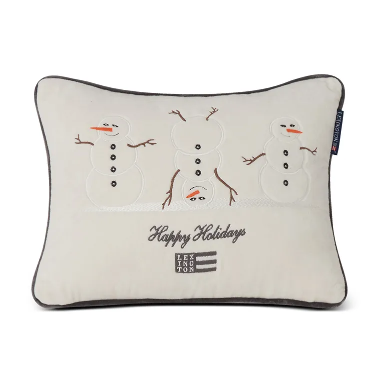 Coussin Snowmen Embroidered Cotton Velvet 30x40 cm, Blanc Lexington
