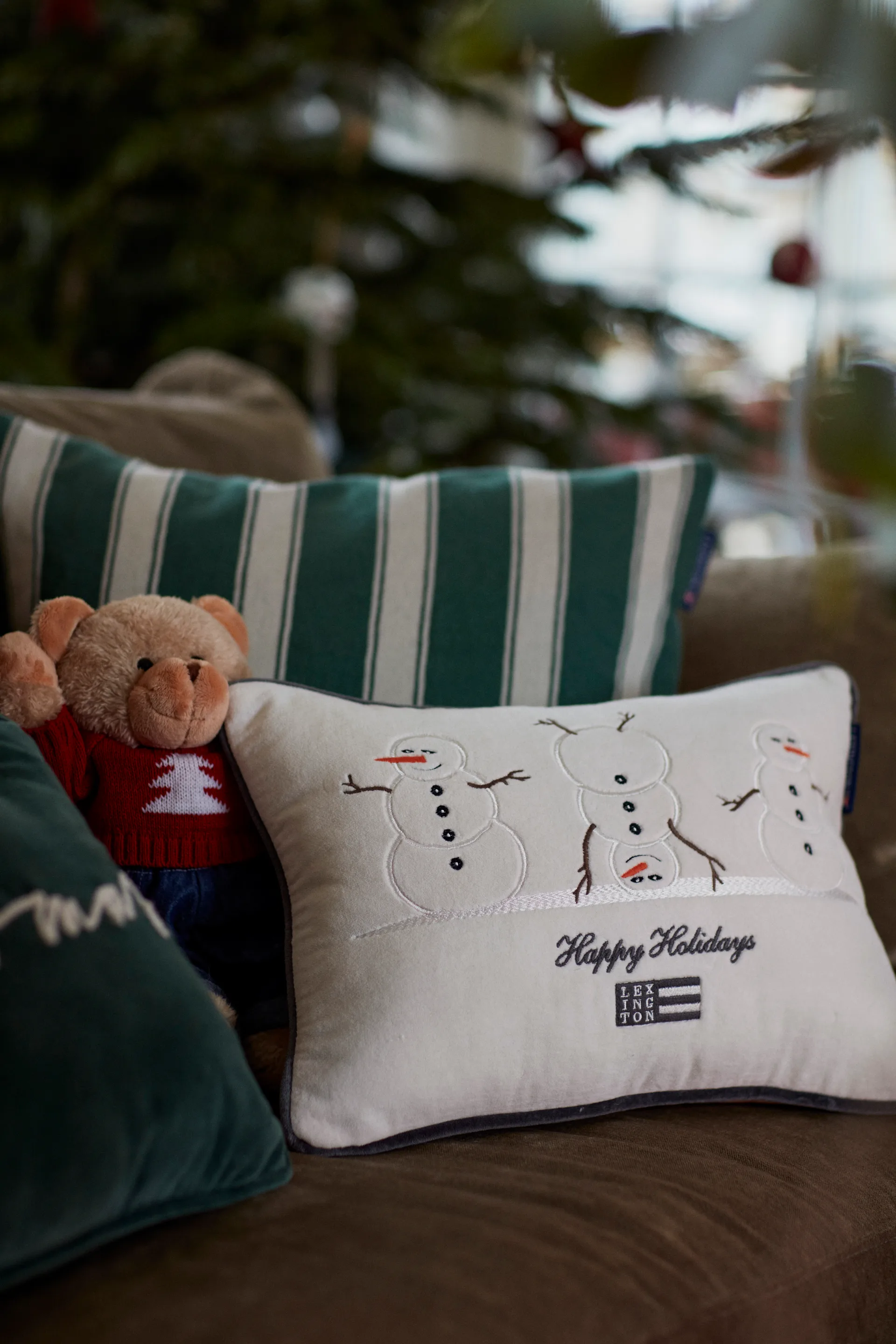 Coussin Snowmen Embroidered Cotton Velvet 30x40 cm, Blanc Lexington