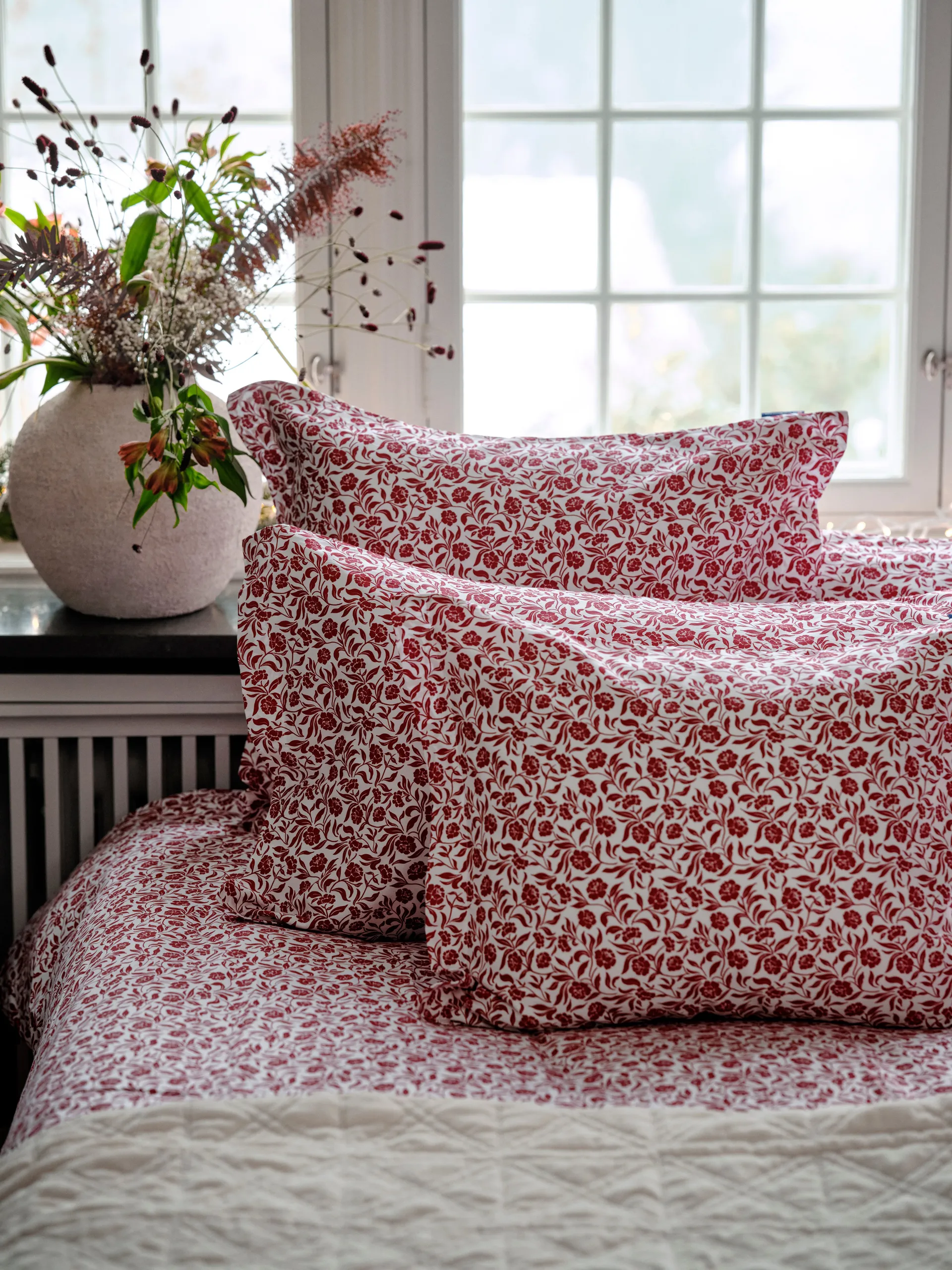 Ensemble de literie Flower printed cotton sateen, Blanc-rouge Lexington