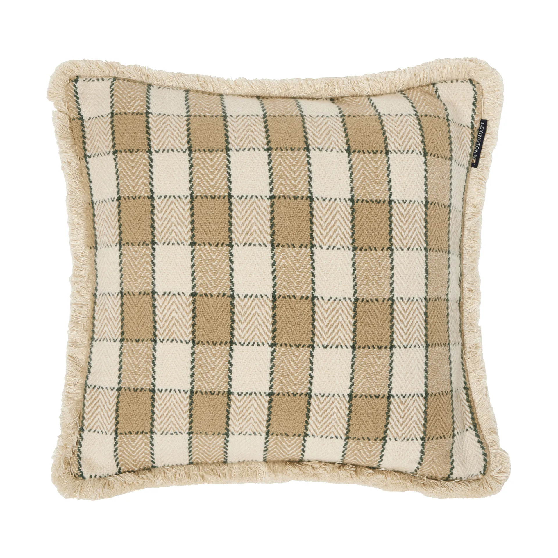 Housse de coussin Checked organic cotton fringe, Beige-light beige-green Lexington