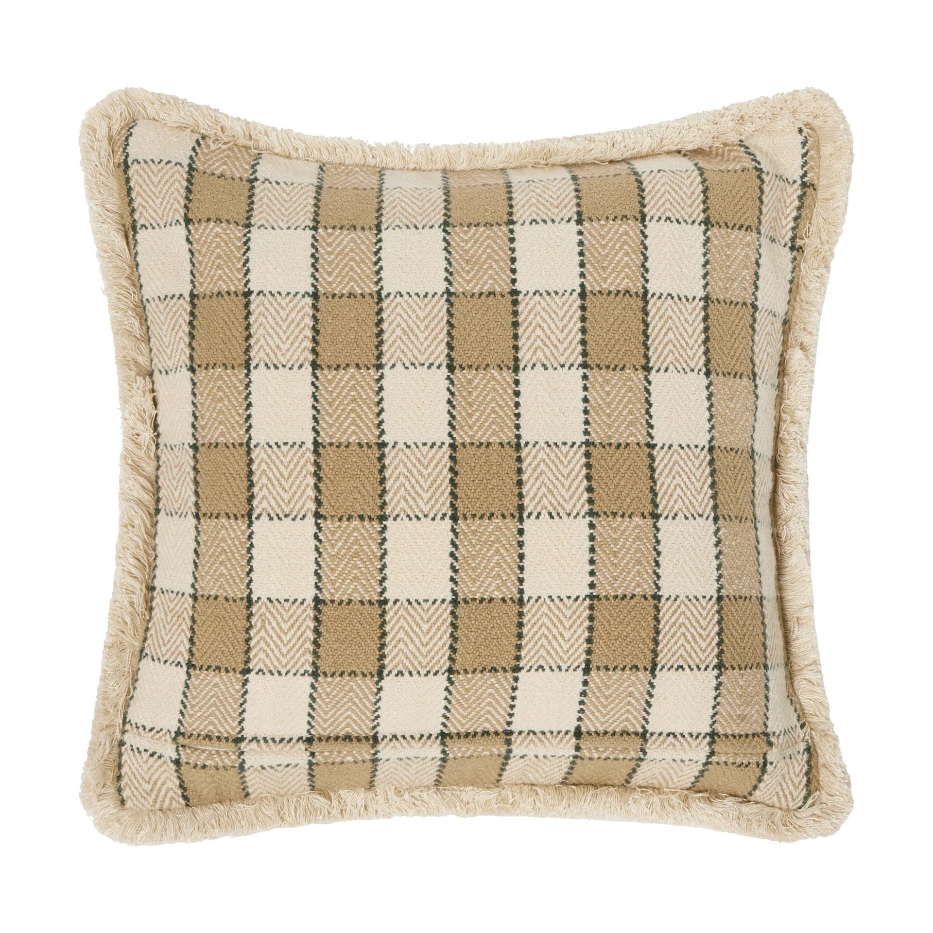 Housse de coussin Checked organic cotton fringe, Beige-light beige-green Lexington