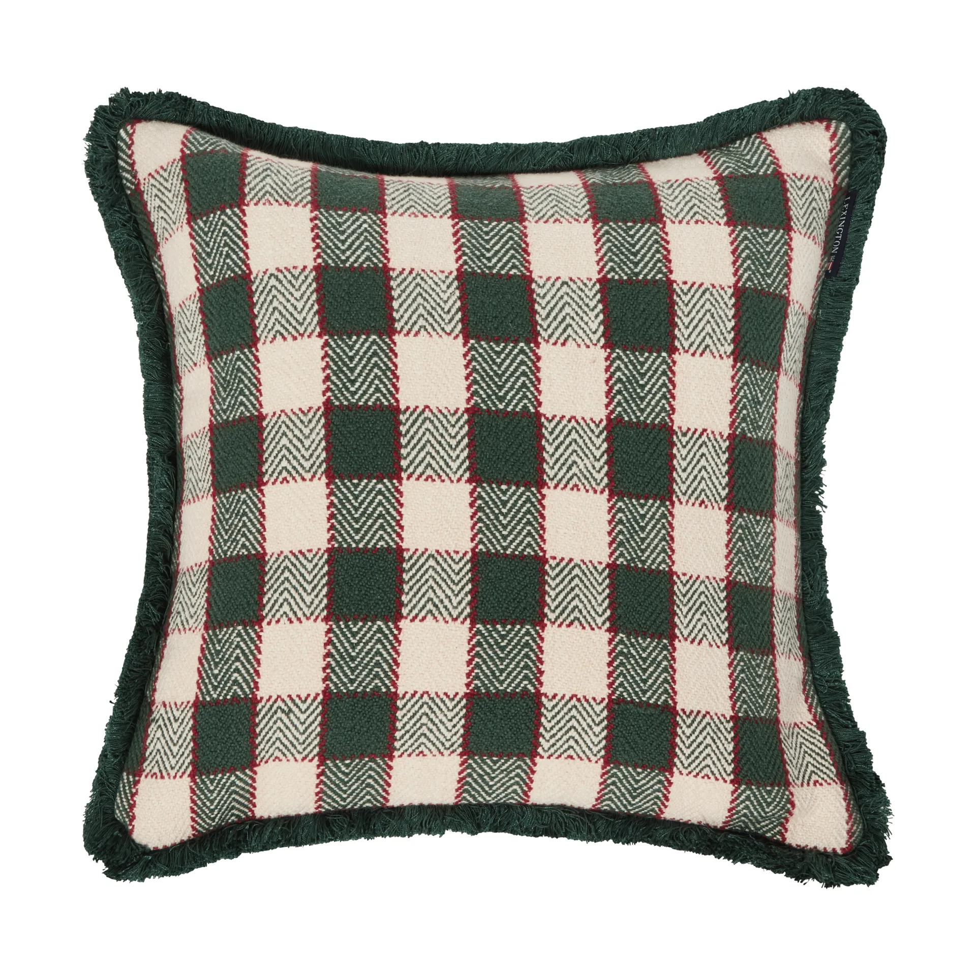 Housse de coussin Checked organic cotton fringe, Green-light beige-red Lexington